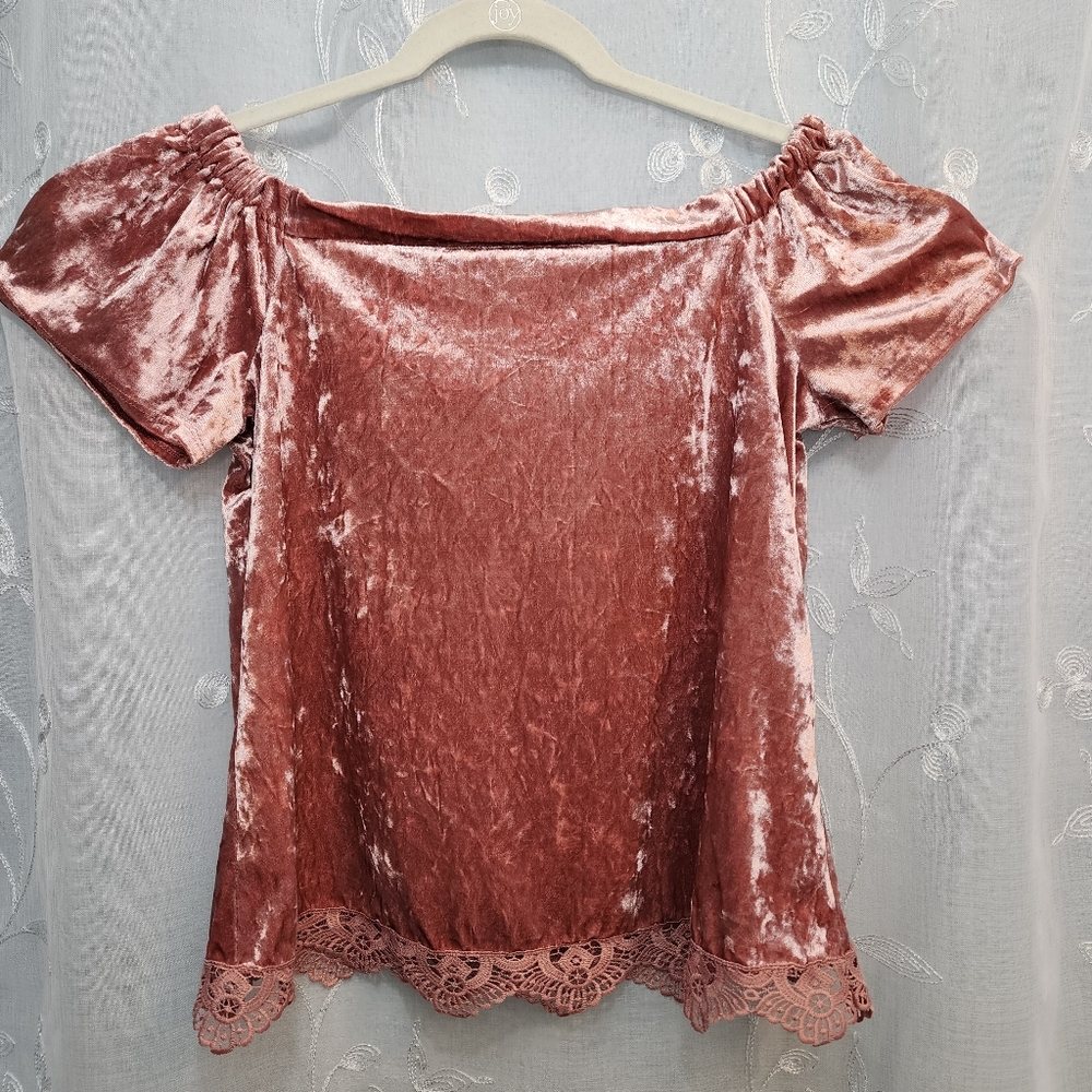 Pink Velvet & Lace Off-the-Shoulder Blouse